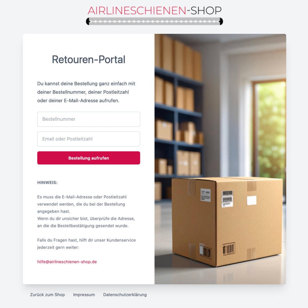 Retouren Portal vom Airlineschienen-Shop