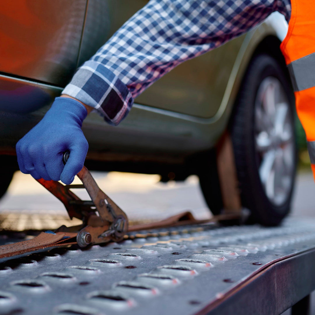 Zurrgurt mit Ratsche sichert ein Auto auf einem Anhänger
